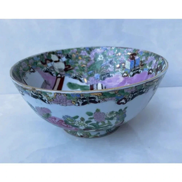 Antique Chinese Family Rose Medallion Hand Painted Decorated Bowl Gold Trim - Picture 2 of 16